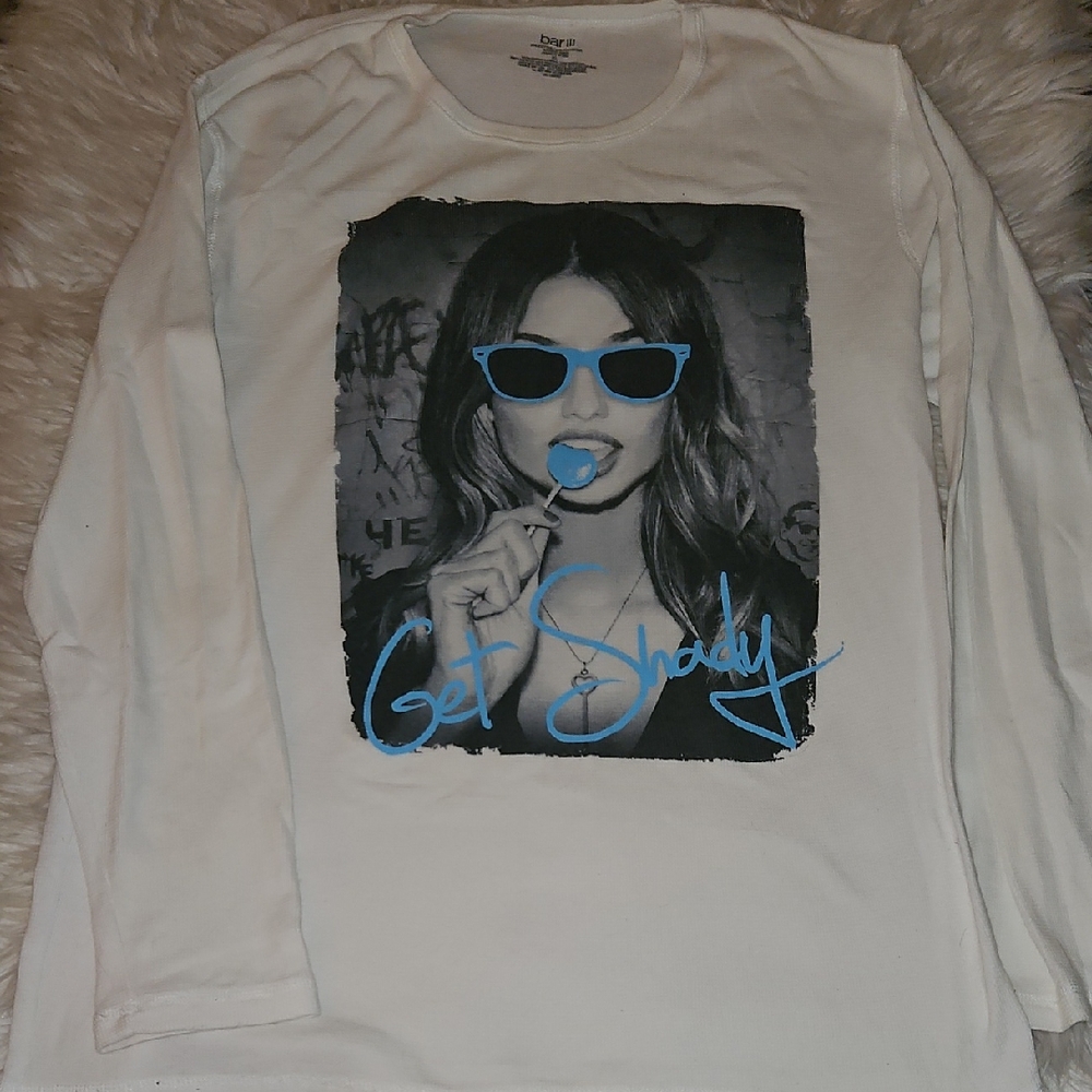 Bar III “Get Shady” Graphic Long Sleeve Top | White Pop-Art Tee | Size XL
